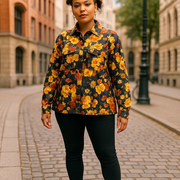 Roses Floral Blouse Medium Career top Sheen Button down Top - Picture 1 of 14